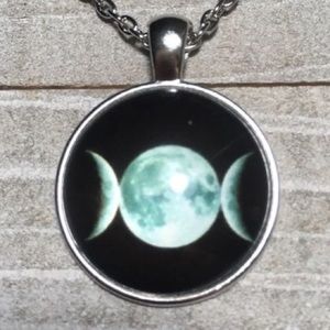 Triple Moon Silver Cabochon Glass Pendant Necklace